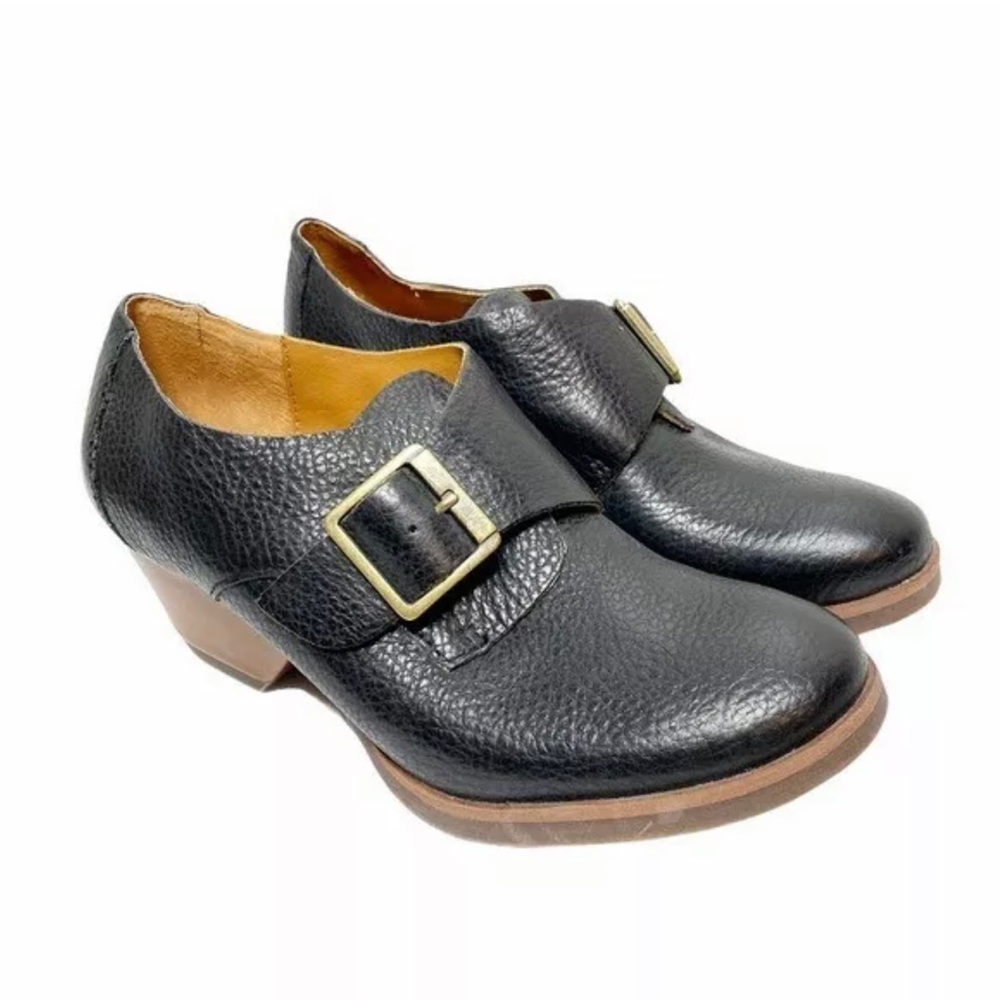 Kork-Ease Black Ankle Booties with Buckle and Stacked Heel